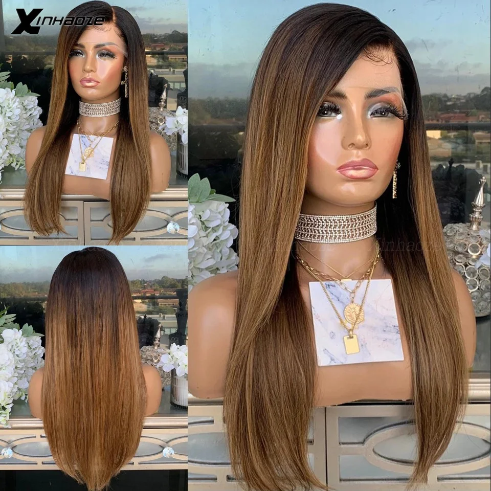 Side Part Ash Blonde Chestnut Brown Straight 100% Human Hair Glueless Ombre Brown 4x4 Silk Base Closure Wig 13x4 Lace Front Wigs