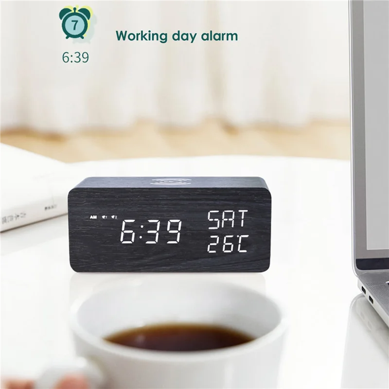 

Snooze Digital Temperature and Humidity Alarm Clock LED Electronic Clock Smartphone 10W Wireless Charger (Wood Color)