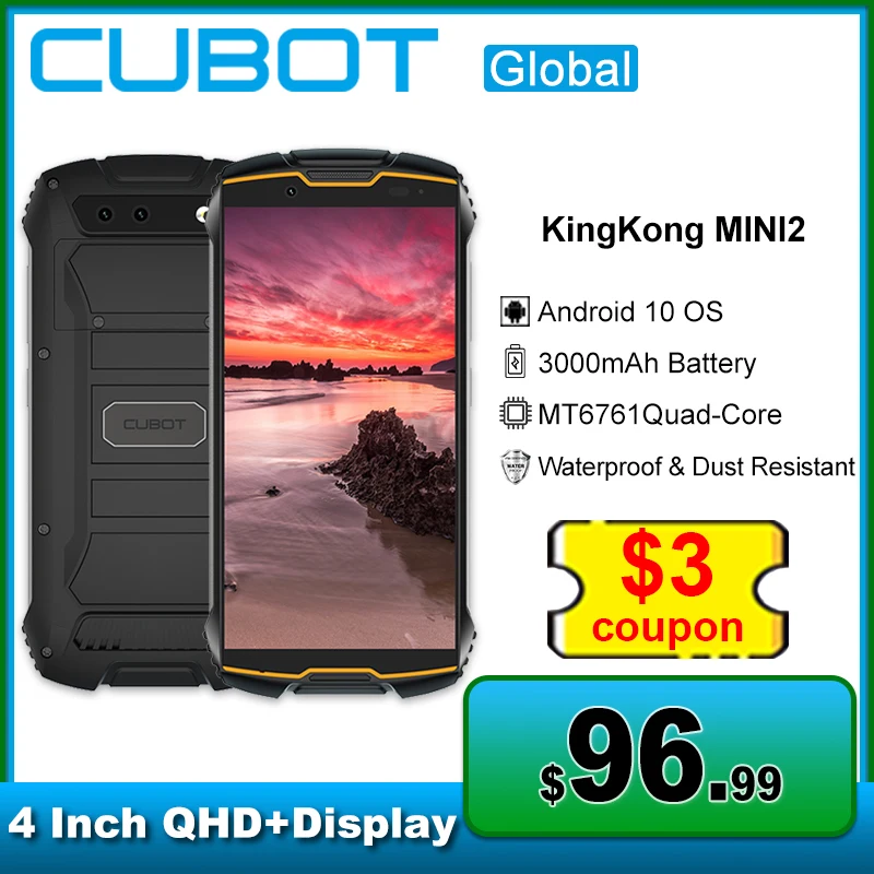 Cubot KingKong Mini 2 Cellphones 4 Display 3000mAh Battery Waterproof 3GB+32GB Smartphone 13MP Camera Face Recognition Phone