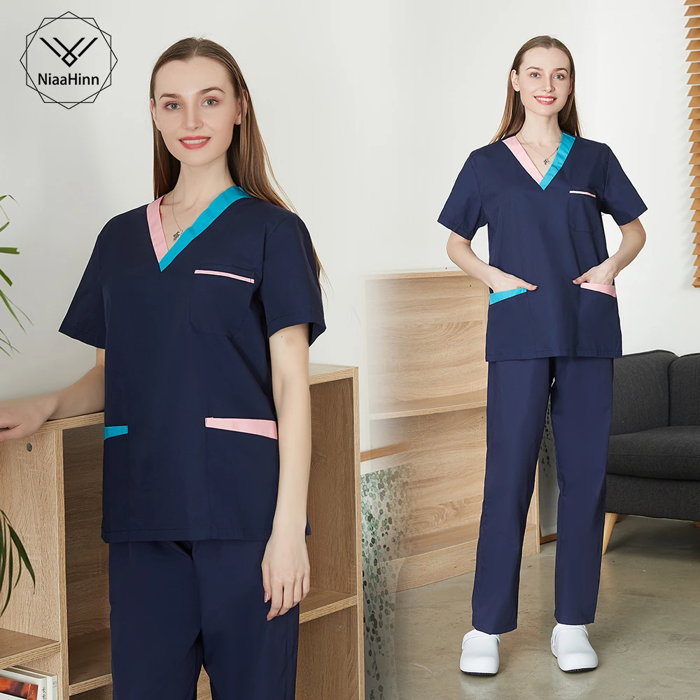 

Pharmacist Women Scrub Operating Room Overalls Wholesale Fashion Slim Short Sleeve Stretch Set Solid Color Nurse Medical Uniform