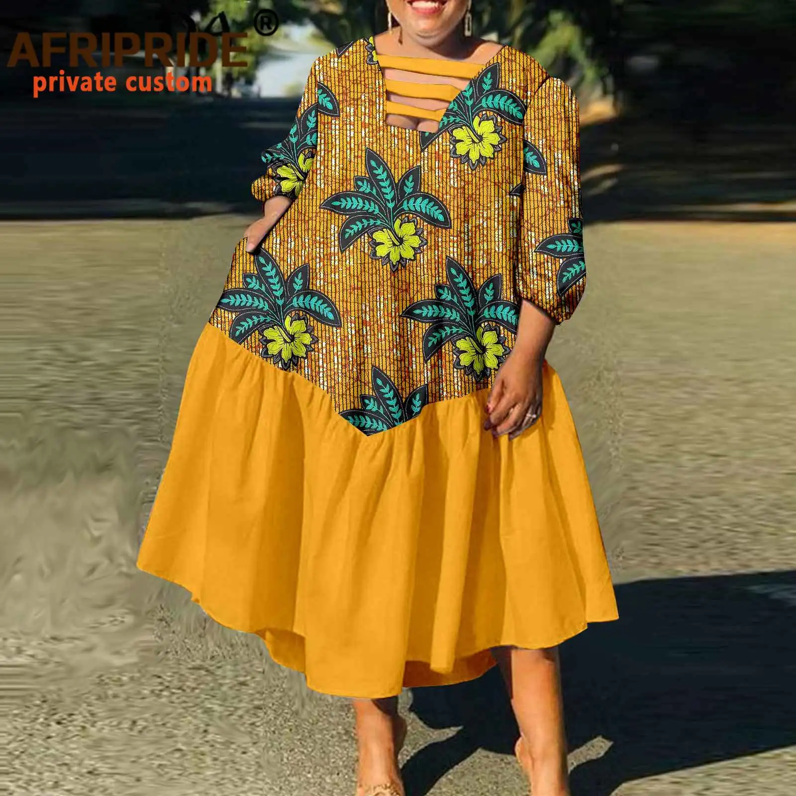 

Afripride Ankara Dresses for Women African Print Mid-Calf Length Casual Style 100% Cotton Dress Tailor Made A2225018