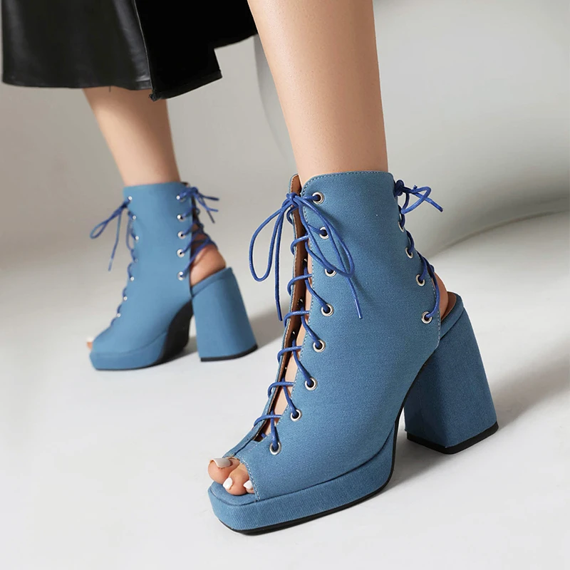 

Peep Toe Lace Up Ankle Boots Platform High Heels Shoes Fashion Cross Tied Lady Blue Denim Slingback Sandals Footwear Large Size