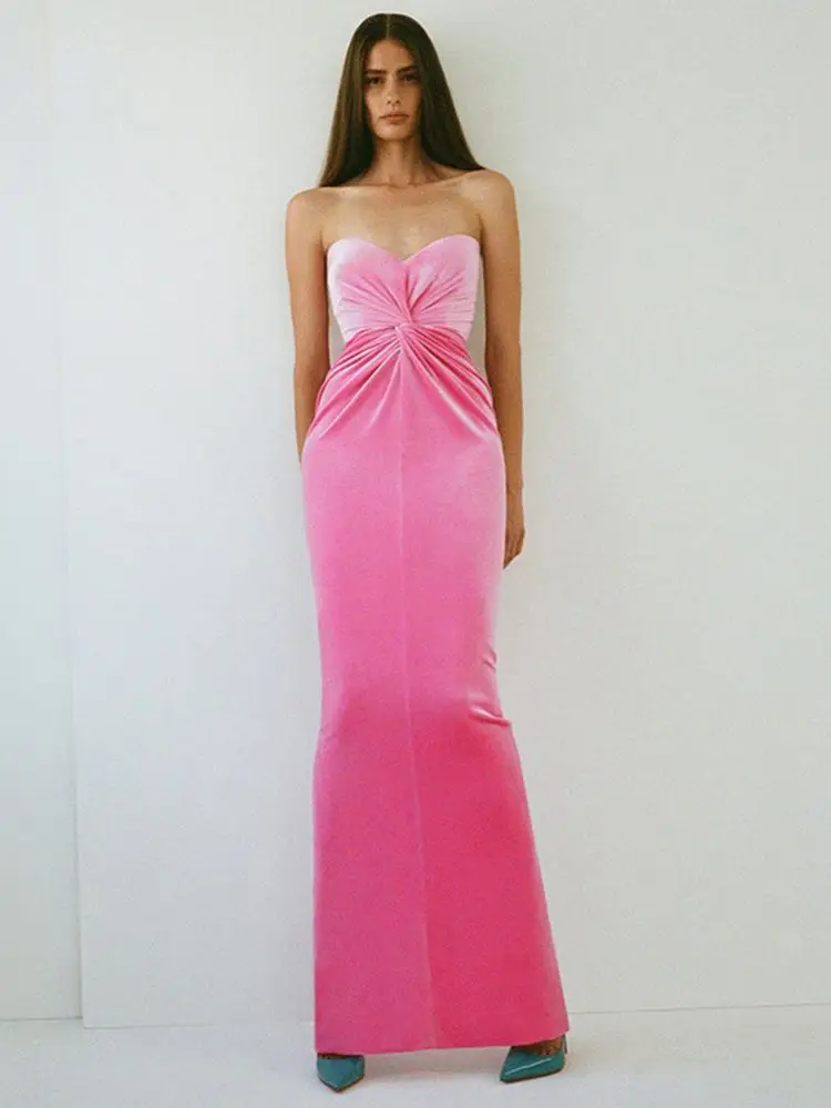 

2022 Summer New Women'S Fashion Sexy Velvet Drape Strapless Back Split Solid Long Dress Bodycon Celebrity Party Runway Dress