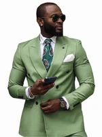 latest design green stripe men suits 2 pcs double breasted tuxedos slim fit costume homme casual blazer masculino daily outfits