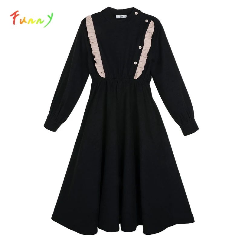 

6 to 16 Years Girls Long Dress Autumn Winter Children Clothes Girl Black Red Ruffles Vestidos High Waist Elegant Kids Dresses