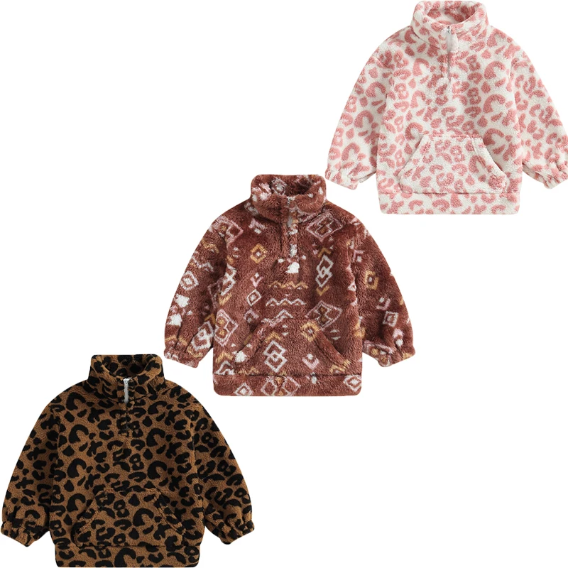 

3-7Y Winter Toddler Kids Girls Boys Wool Outwear Warm Fuzzy Long Sleeve Leopard/Vintage Print Zipper Sweatshirt Jacket