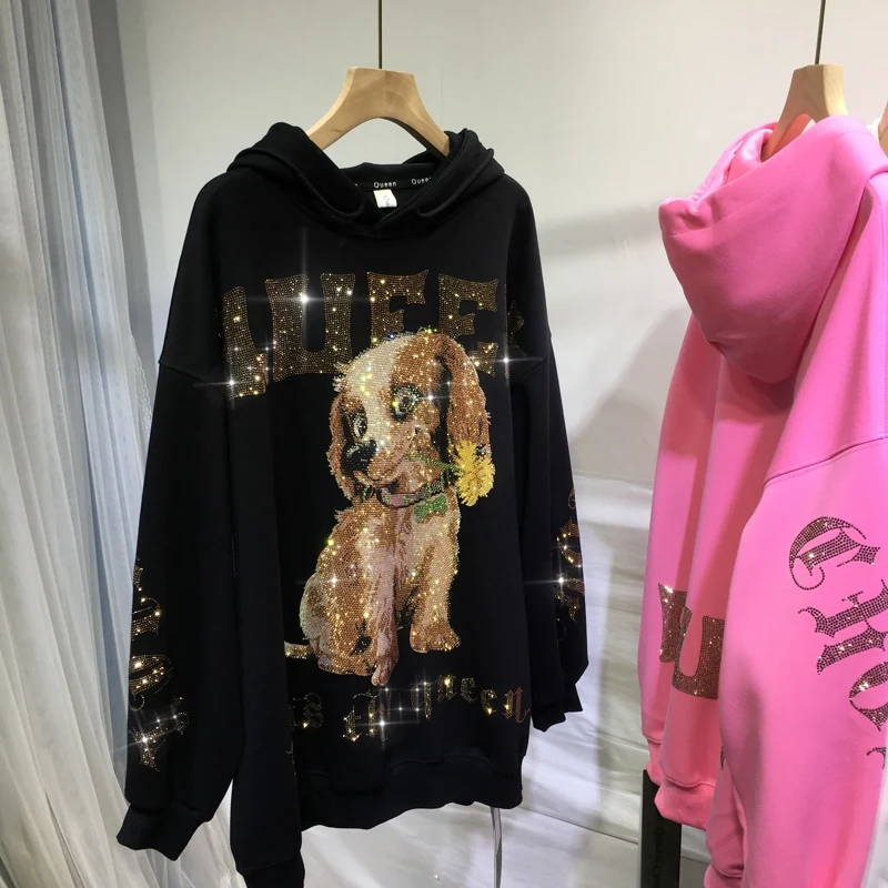 Luxury Shiny Hot Drilling Cute Dog Hooded Pullovers Top Women Autumn Winter Clothes Mid-long Streetwear Trendy Pink Sweatshirt