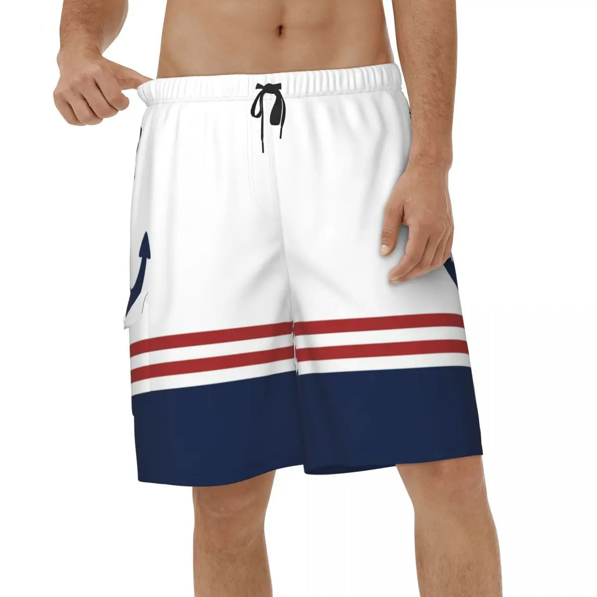 

Nautical Navy Blue Stripes Anchor Shorts Summer Mens Swimwear Navigation New Men Beachwear