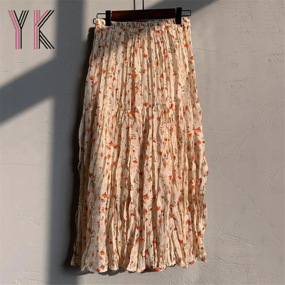 

Full Floral Print Chiffon Wrinkled Elastic High Waist Midi Skirts Summer Country Style Kawaii Skirts Vintage Korean Loose Saia