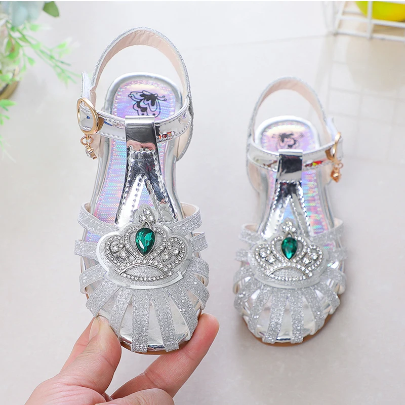 Enlarge Crystal Girls Sandals 2022 Summer New Rhinestone Crown Princess Shoes Kids Sequin Pearl Dancing Heel Sandalias Party  Chaussures