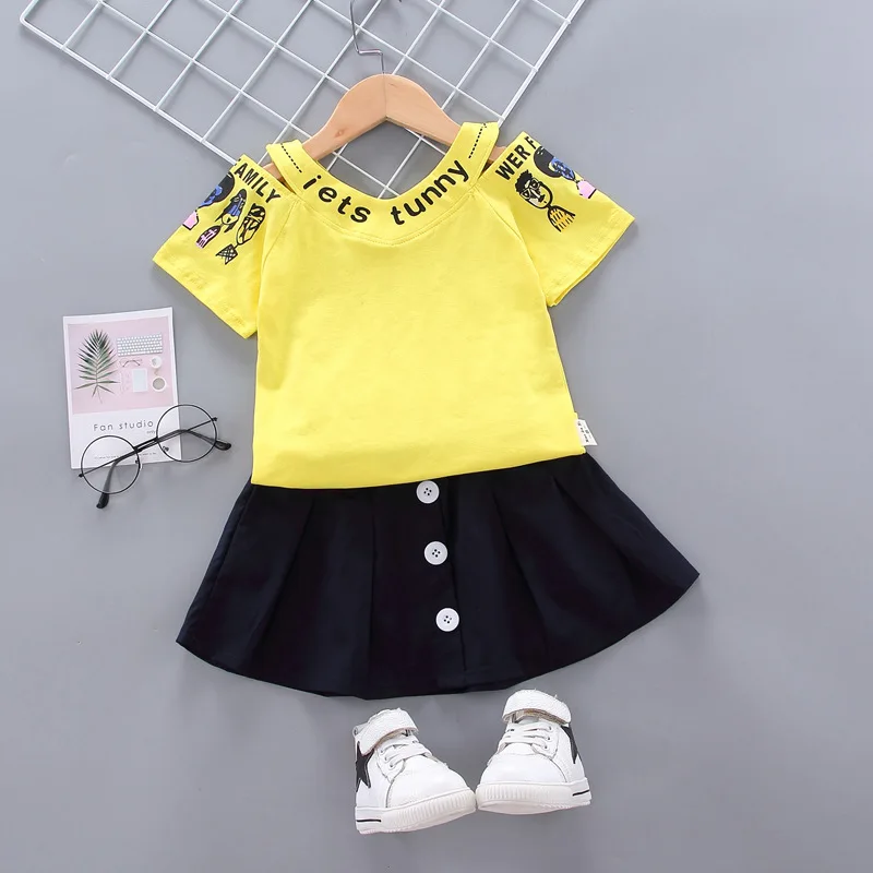 Girls' baby suit summer cotton children's short-sleeved T-shirt off-shoulder+short skirt 2-piece suit girls' casual wear 0-4Y