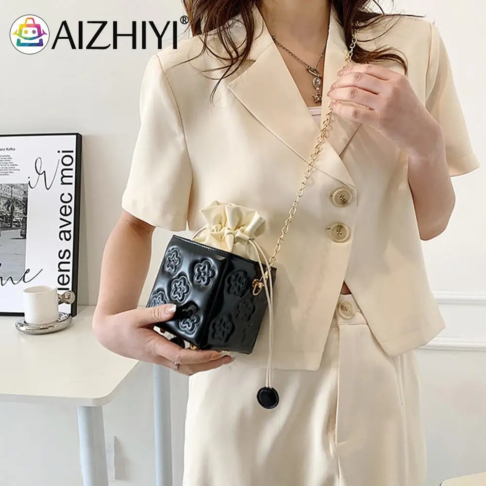 

2022 Fashion Square Box Shape Sling Women Crossbody Bags PU Leather Chain Mini Shoulder Purse Drawstring Female Phone Coin Purse