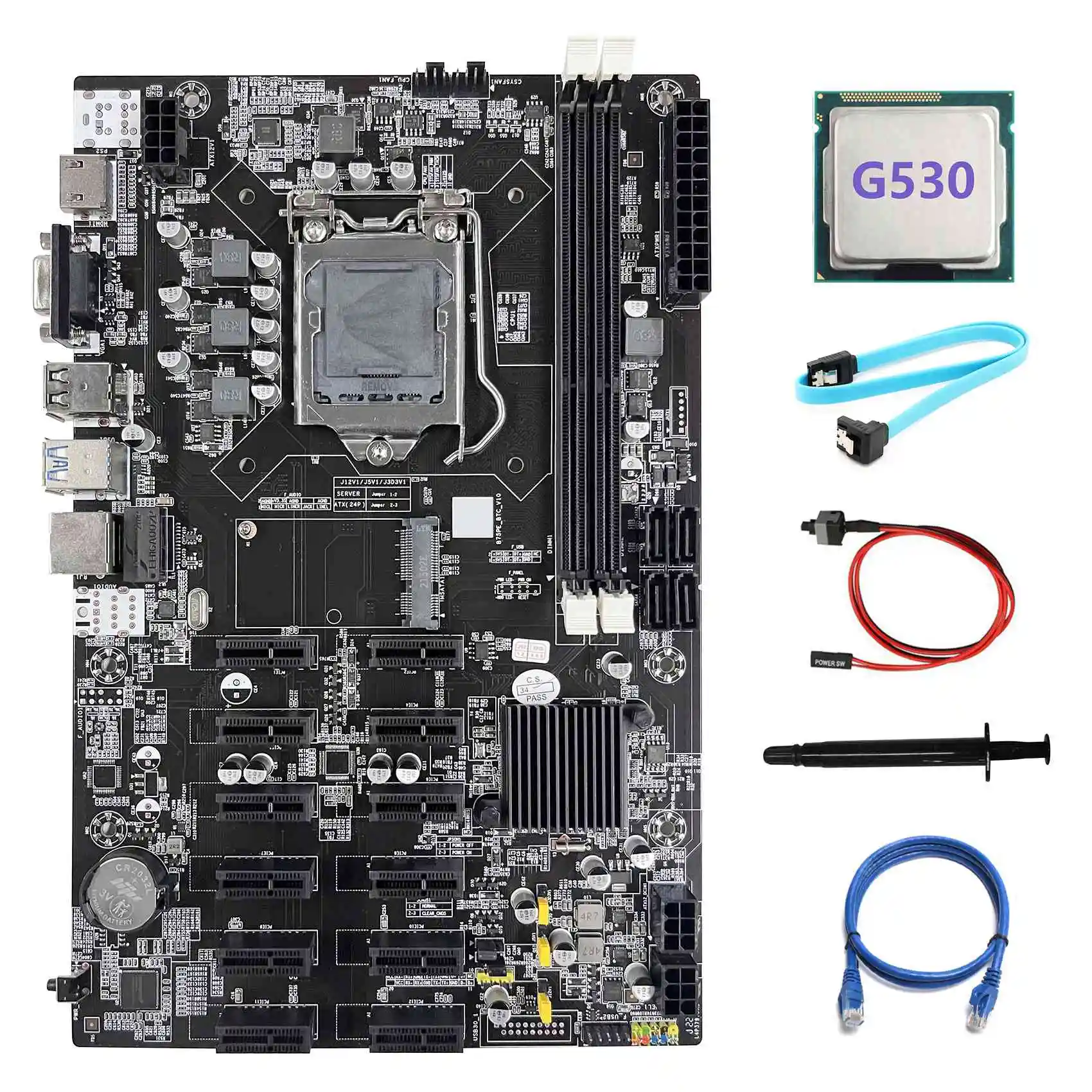 

Материнская плата B75 12 PCIE ETH для майнинга LGA1155 + ЦП G530 + кабель SATA + сетевой кабель RJ45 + кабель переключателя + термопаста
