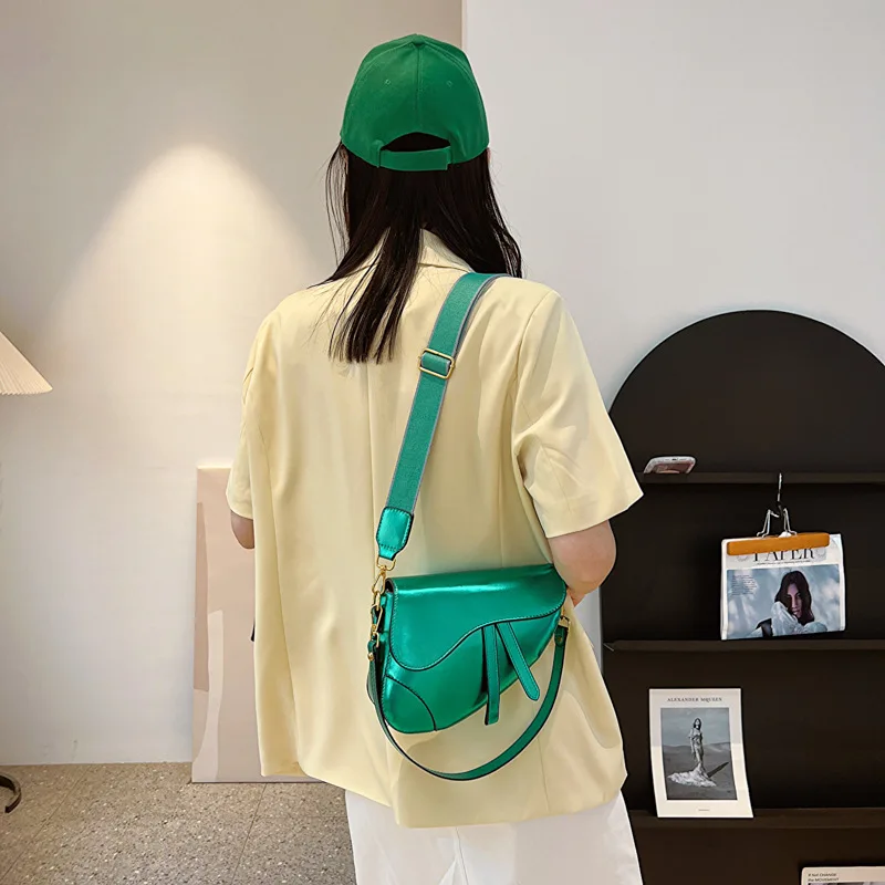 Patent Leather Saddle Bag for Women 2023 New Fashion Luxury Handbag Hip Hop Party Cute Personality Wide Strap Shoulder Bag Woman