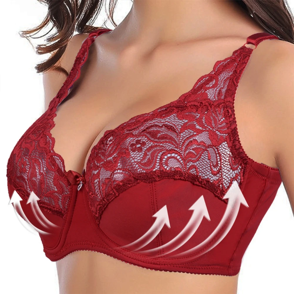 

Plus Size Women's Lace Bra Embroidery Floral Bralette Underwire Minimizer Bras Unlined 3/4 Cups Bra Non-Padded Push up Brassiere