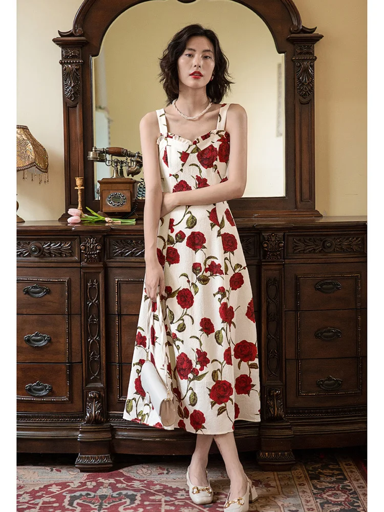 French Rose Strap Dress High Grade Tea Break Dress Summer Fragmented Flower Dress Waist Long Dress