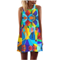 summer vest printed geometric hip hop o neck sleeveless wide skirt casual beach mini sun skirt womens dress