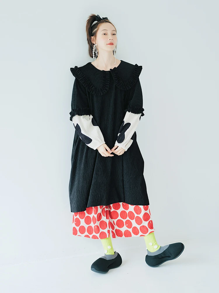 Imakokoni original design doll neck long sleeve dress stitching flowers autumn and winter new casual pleated dress for wome