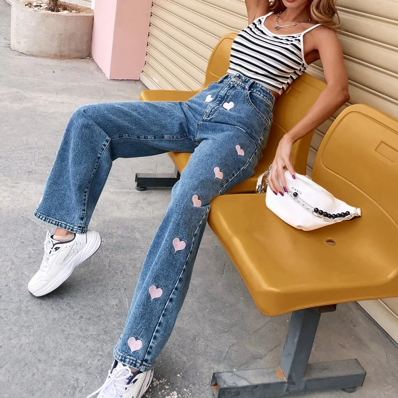 Women's High Waist Loose Solid Color Love Print Denim Pants 2021 Casual Fashion Design Comfortable Jeans Female Streetwear Pop