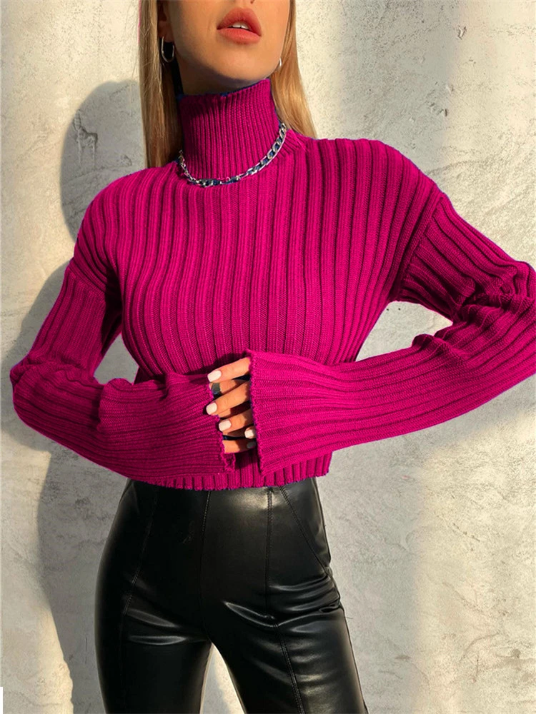 

2023 Knitted Women's Sweater Autumn Winter Turtleneck Casual Loose Flare Sleeve Crop Top Female Jumper Blue Short Slim Pullover