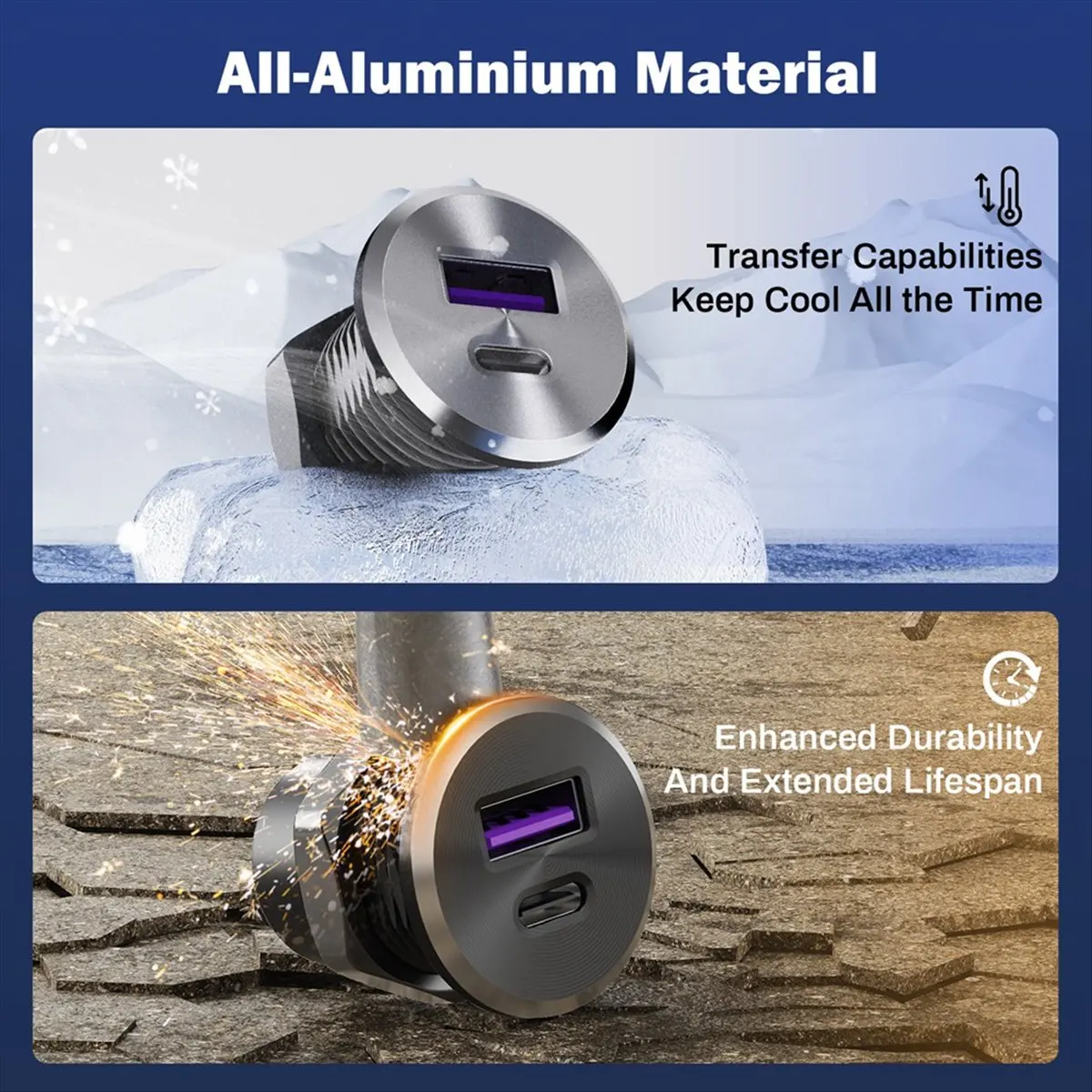 Фото [DTC4] Автомобильное зарядное устройство 12В с USB-выходом, встраиваемое, 30W PD Type-C и 18W QC3.0, алюминиевое, быстрое, для а №3