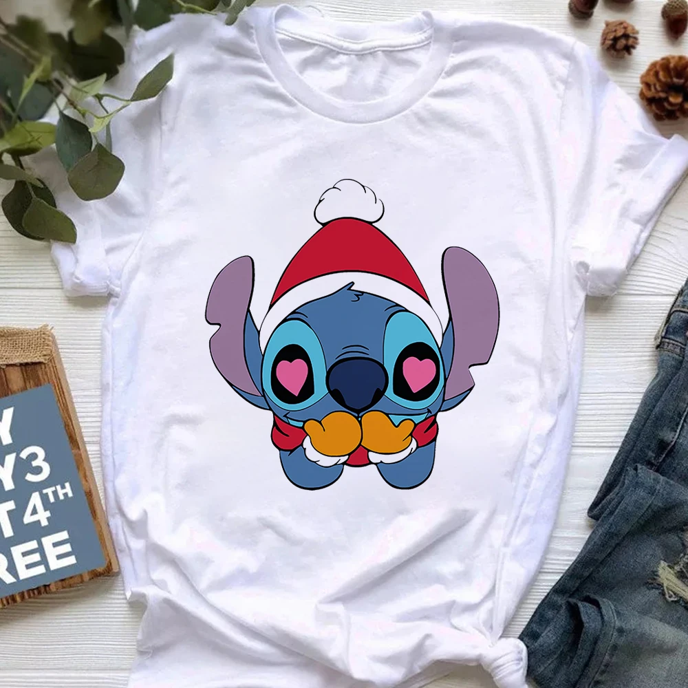

Stitch Love Christmas Women's T-shirt Disney Cartoon Young Style Fashion Merry Xmas Lady Clothes Tops Festival Gift Dropshipping