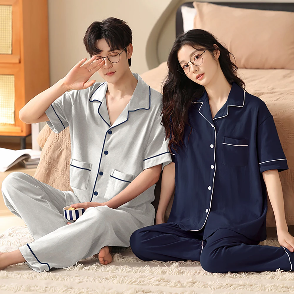 100% Cotton Summer Suit Summer Solid Pajama Sets for Women Casual Short Sleeve Long Pants Comfort Soft Sleepwear pyjama femme