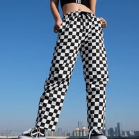 new womens black and white checkerboard pattern contrast color slim casual pants womens wide leg pants