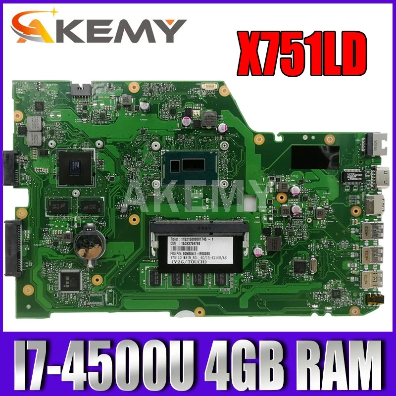 

Материнская плата X751LD для ноутбука ASUS, процессор X751LN X751LJ K751L X751LD, процессор I7-4500U, ОЗУ 4 Гб, графическая карта GT820M, протестирована хорошо