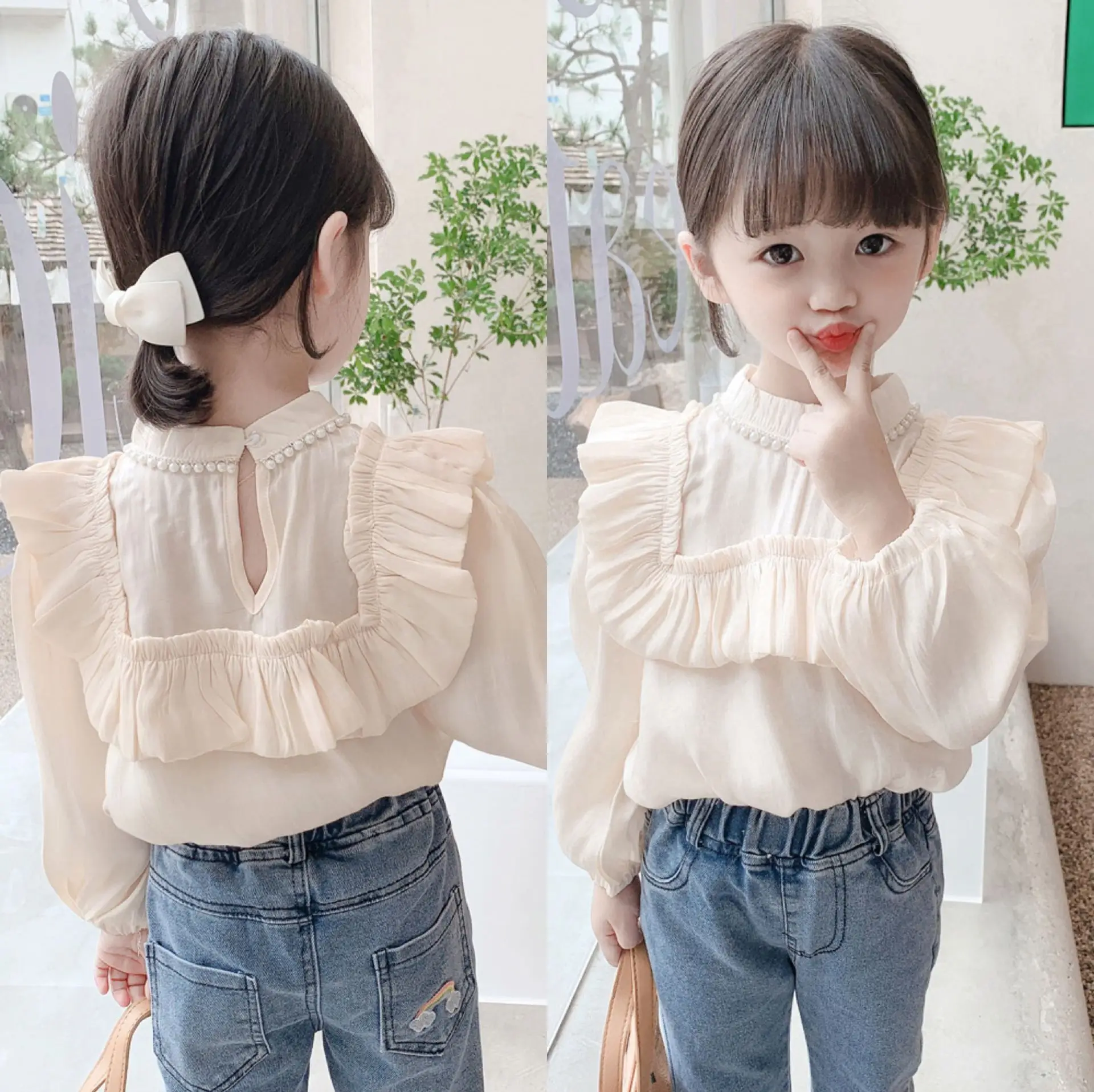 

Футболки корейский стиль блузка для малышей стильная рубашка с рукавами длинная Осенняя детская одежда для девочек Весенняя хлопковая 2022 детская одежда
