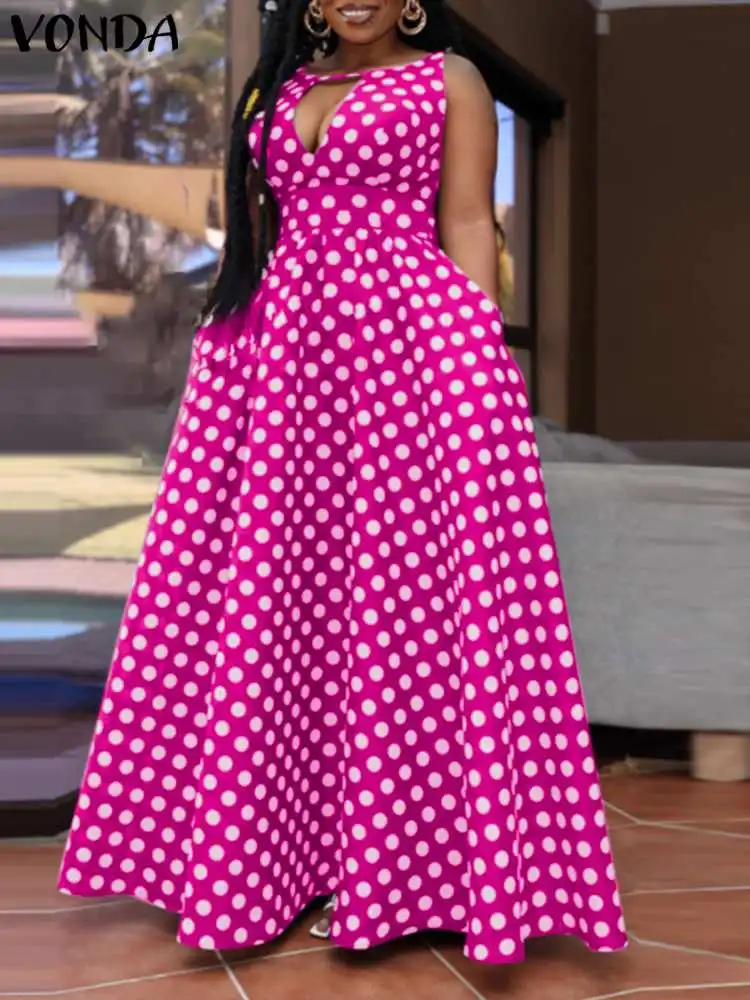 

2022 VONDA Summer Polka Dot Maxi Sundress Bohemian Women Sexy V Neck Hollow Sleeveless Dress Casual Holiday Elegant Party Robe