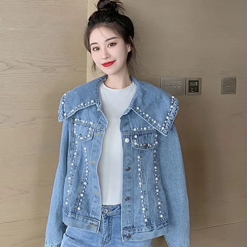 

Women's Short Denim Jacket 2022 Spring Autumn Fashion Beading Splice Big Lapel Bomber Coats Female College Style Jean Outwear