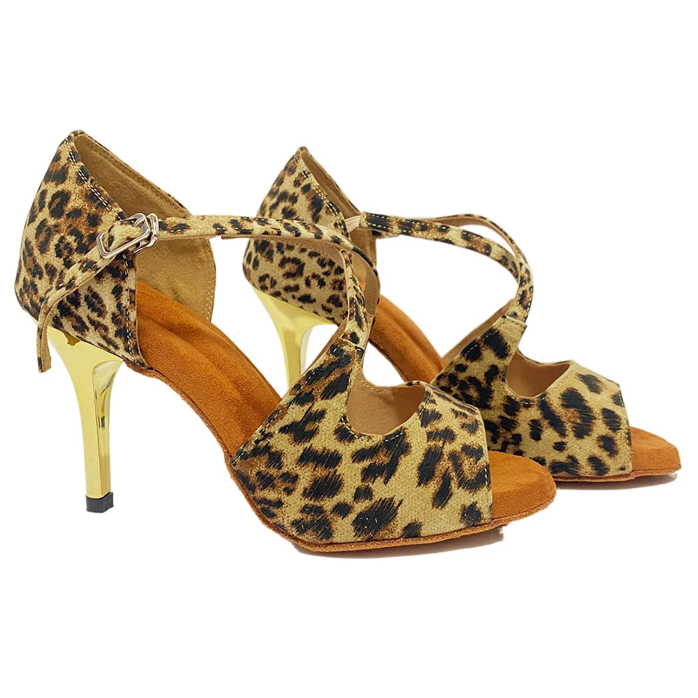 Latin Ballroom Dance Shoes Woman Zapatos De Baile Leopard Leather Indoor and Outdoor Salsa Latin Shoes for Girls  3inch 2.75inch