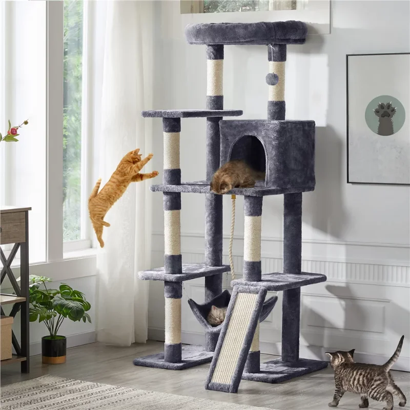 

SmileMart 63" H Cat Tree Tower with Hammock and Scratching Posts, Dark Gray /Black/Beige/Light Gray/Pink）