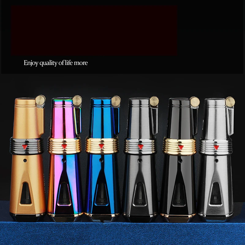 Grinding Wheel Three-Fire Straight-Through Lighter Metal Inflatable Blue Flame Lighter Cigarette Lighter Accessories