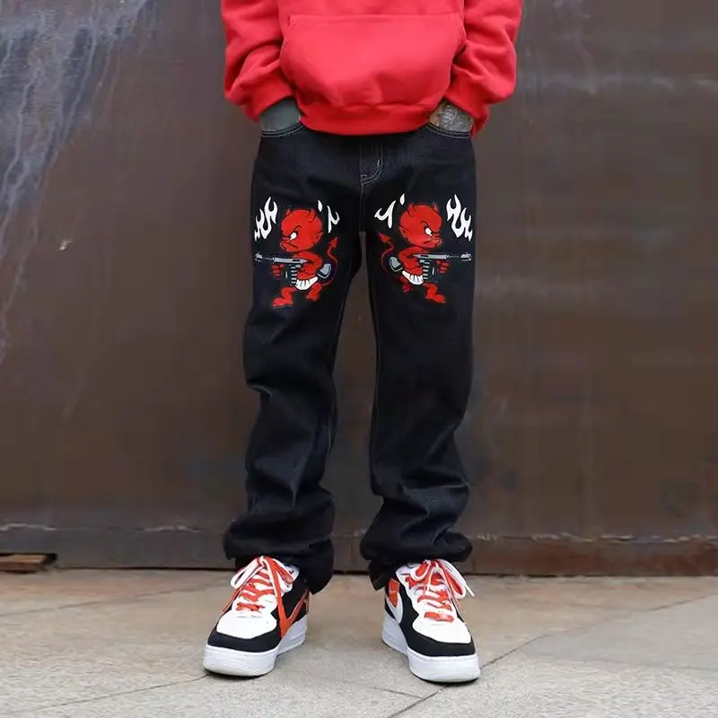 Men's jeans American street little devil retro Y2K niche print black denim hiphop hip hop loose straight fried street trousers
