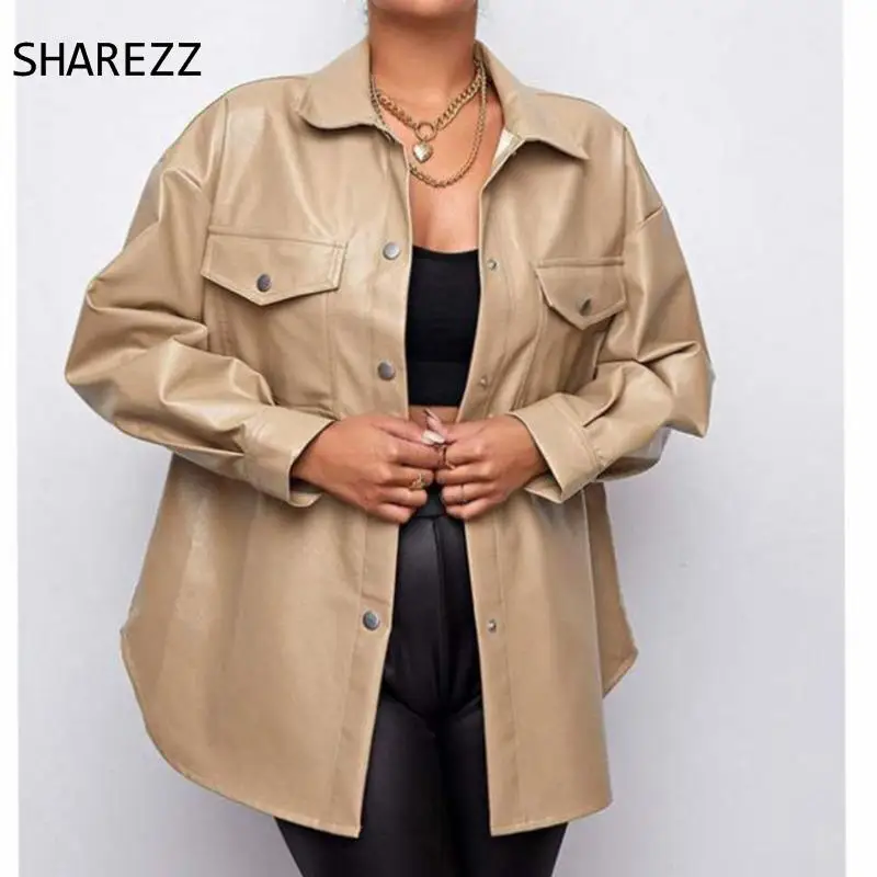 

Women's Pu Jacket Female Long Sleeve Lapel Faux Sheepskin Leather Loose Za Shirt Coat Motor Biker Black Street Vintage Coats