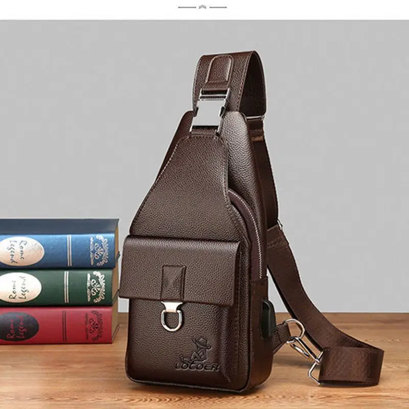 Men's Chest Bag Leisure Business Crossbody Bag Vintage 100% Genuine Leather Handbag Chest Bag USB Charging Waterproof Backpack