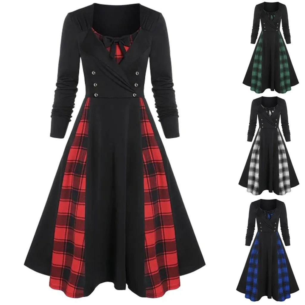 

Fashion Womne Plaid Print Mock Button Faux Twinset Womens Strapless Maxi Dresses Casual Womens Dresses with Pockets