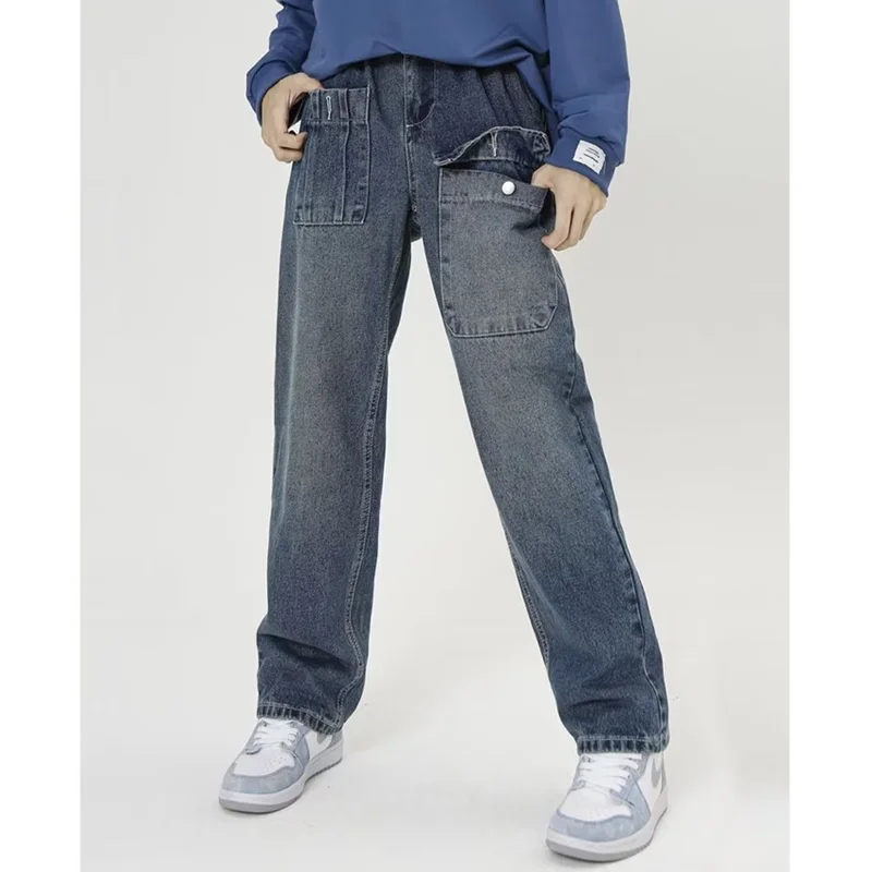 Men Clothing 2022 New Large Pocket Design Blue Jeans Temperament Versatile Wide Leg Straight Cylinder Cargo Pants Autumn Female