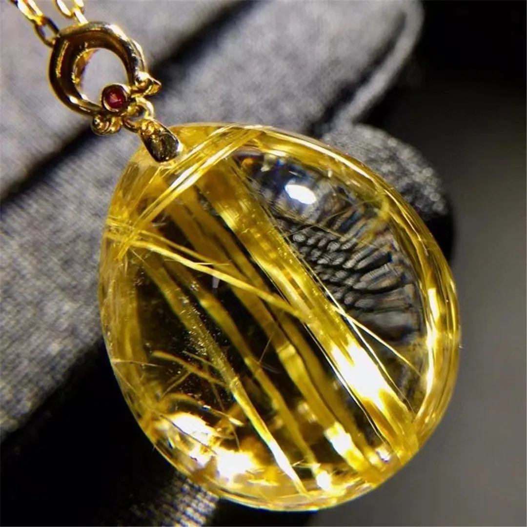 

Natural Gold Rutilated Quartz Pendant Necklace 18K Gold For Woman Man Gift Crystal 21x17x12mm Beads Rare Gemstone Jewelry AAAAA