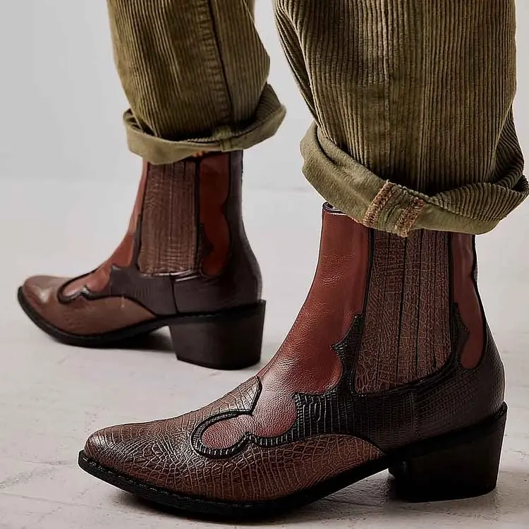 

Коричневые полусапожки из змеиной кожи на блочном каблуке женские Лоскутные ботильоны с острым носком на низком каблуке ковбойские модные повседневные зимние осенние ботинки