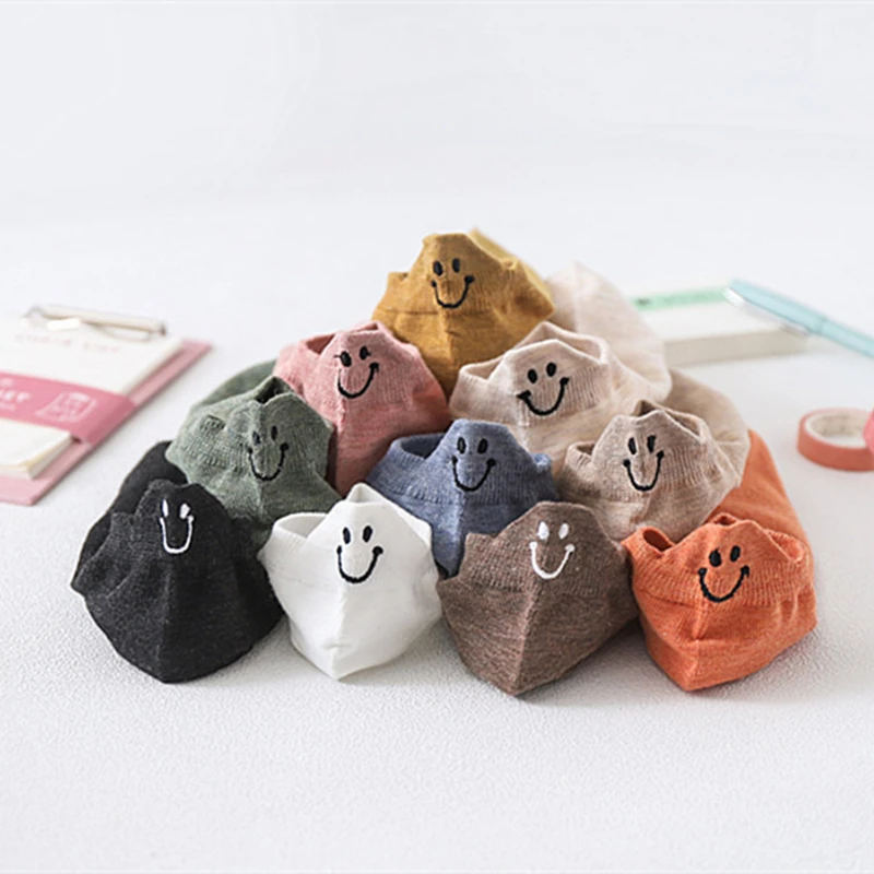 10Pairs Spring Summer Female Socks Japanese Lovely Personality Heel Embroidered Smiling Face Lovers Solid Cotton Ankle Socks New