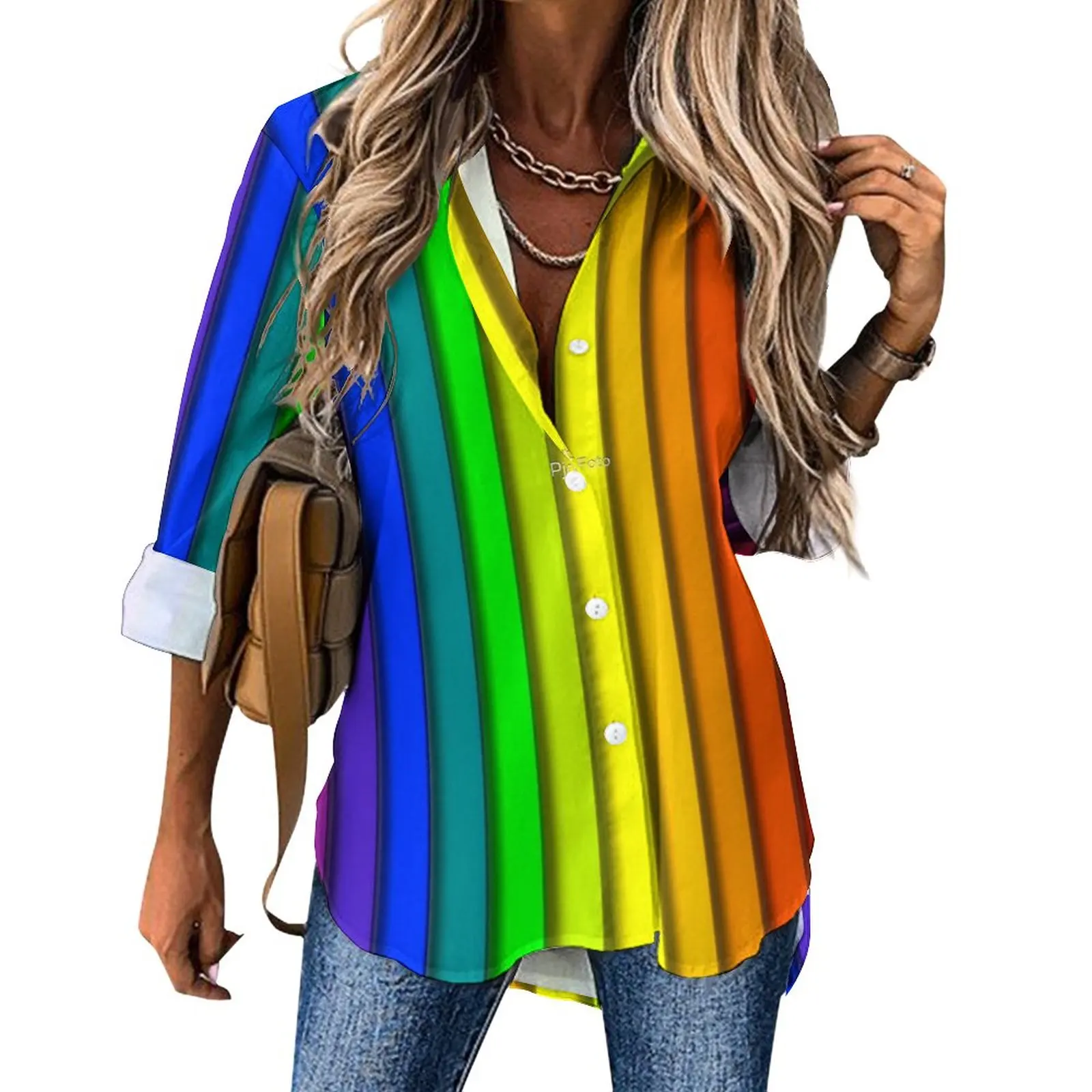 

Rainbow Striped Blouse Female Vertical Lines Print Casual Loose Blouses Spring Long-Sleeve Vintage Shirts Custom Tops Large Size