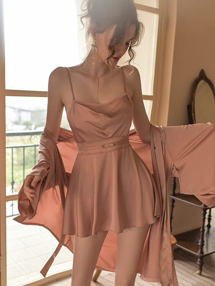 Sexy pajamas women's summer ice silk new high-end pure desire lace swing collar suspender nightdress