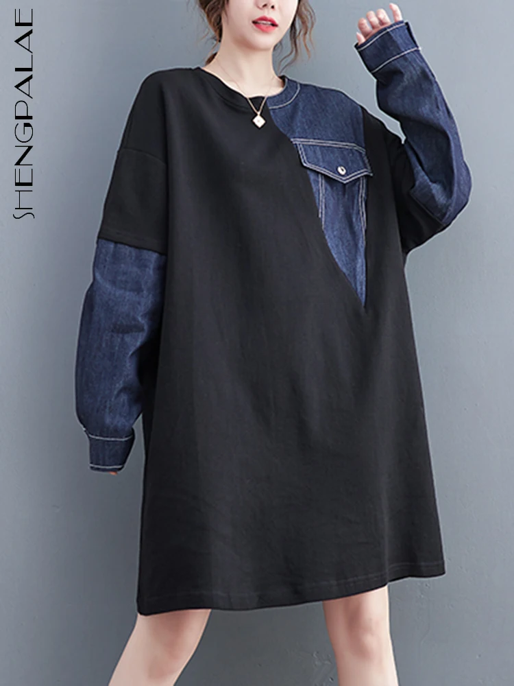 

SHENGPALAE Denim Patchwork Dress For Women Minority 2022 Winter Autumn Loose big size Dress With Long Sleeve Y2k Felame 5R131