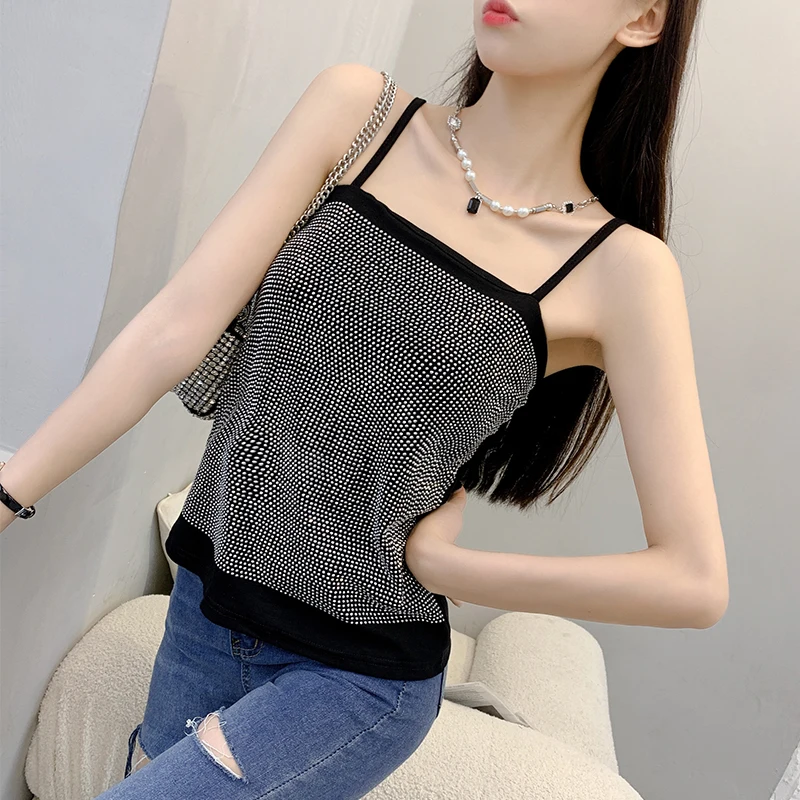 

Летняя европейская одежда, повседневная пикантная майка с блестящими бриллиантами, женский жилет, топы без рукавов, ручная работа, сверление, Лидер продаж 2023 2167