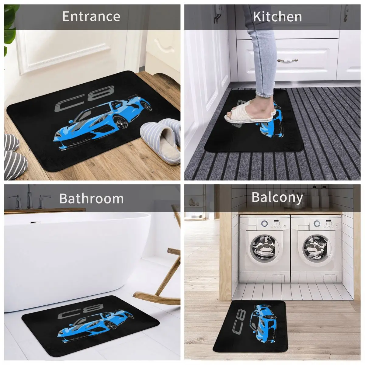 

Bath Mat Blue Chevy Corvette C8 Mid Engine Decor 3D Rug Carpet Doormat Nonslip Entrance Living Room Home Kitchen Removal Bedroom