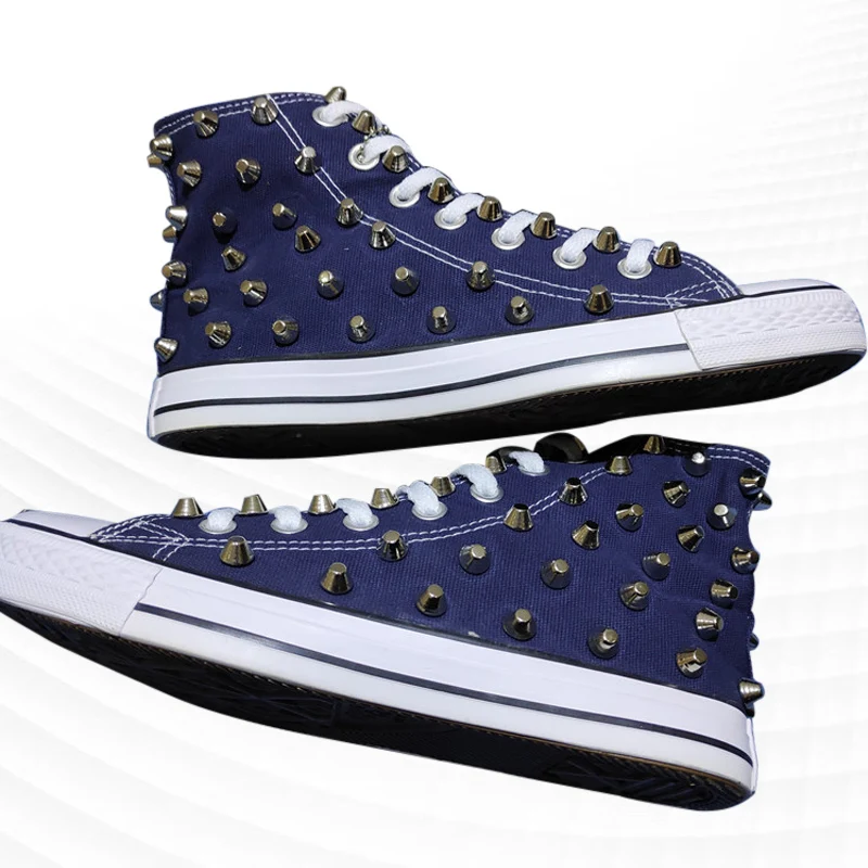 

Синие холщовые туфли с высоким верхом, туфли с цилиндрическими заклепками, Уличная обувь в стиле хип-хоп, удобная прогулочная обувь ручной р...
