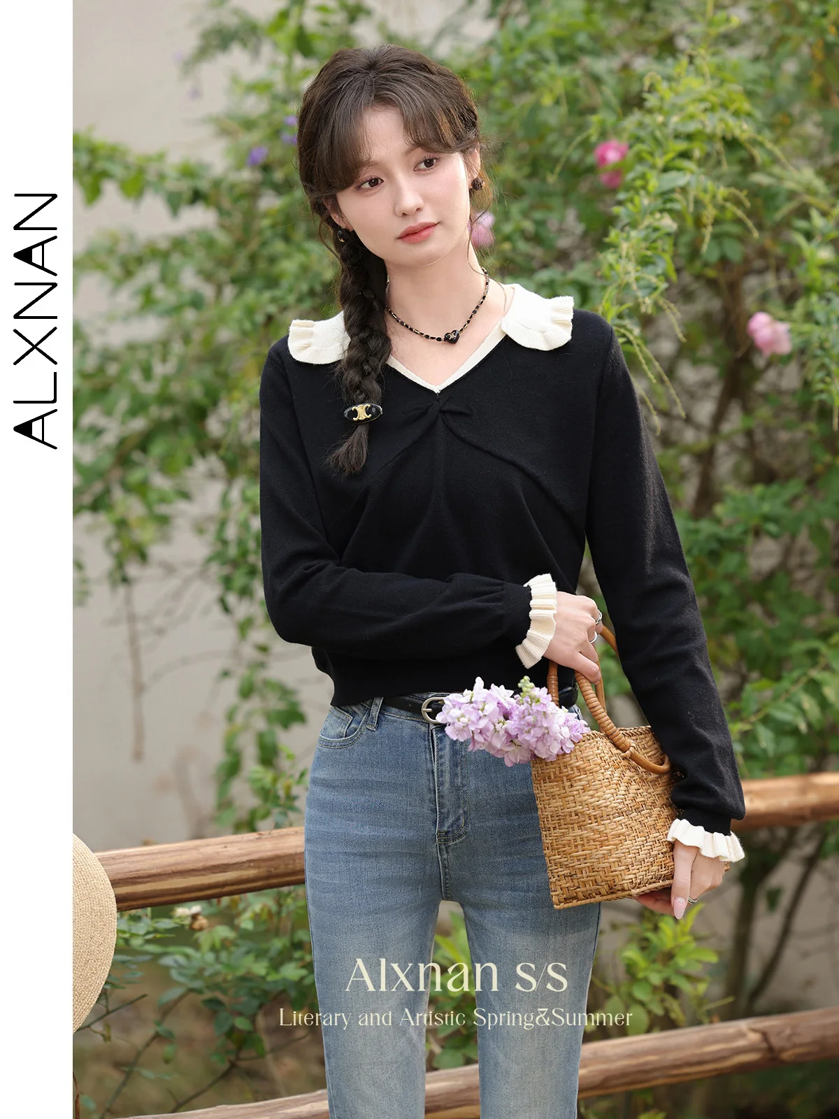 ALXNAN женский свитер с воротником Питера Пэна осень 2023 новый сращенный вязаный